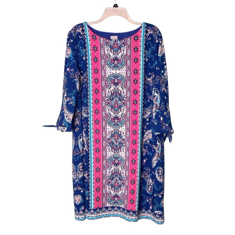 Chico’s Medallion Print‎ Midi Dress Blue Pink Tie Sleeve Pockets (Size 16P)